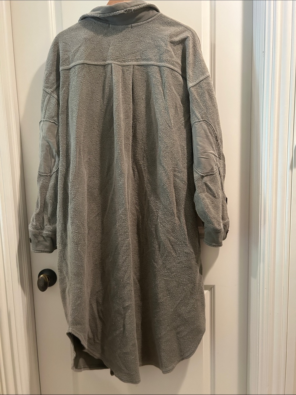 Free People We The Free Long Shacket Distressed Sweatshirt Coat Patch Elbow XL - Picture 3 of 11